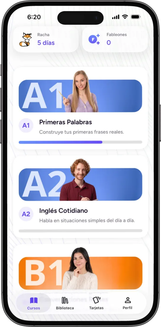 Teléfono con la pantalla principal de Fablelingo